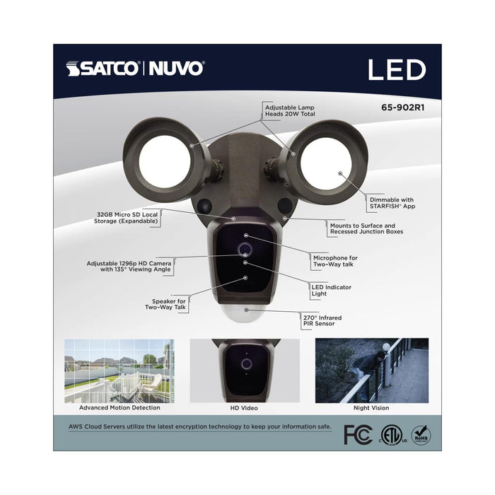 Security Camera Nuvo 65-902R1 Starfish - Bullet SMART Security Light w/Camera - 20 Watt - 3000K CCT - Bronze Finish - 120-277 Volt Nuvo