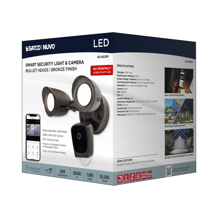 Security Camera Nuvo 65-902R1 Starfish - Bullet SMART Security Light w/Camera - 20 Watt - 3000K CCT - Bronze Finish - 120-277 Volt Nuvo