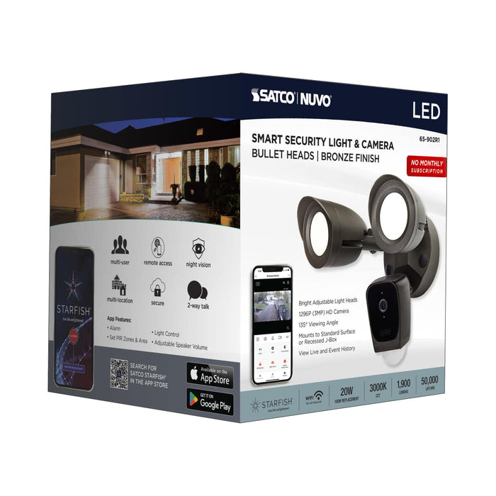 Security Camera Nuvo 65-902R1 Starfish - Bullet SMART Security Light w/Camera - 20 Watt - 3000K CCT - Bronze Finish - 120-277 Volt Nuvo