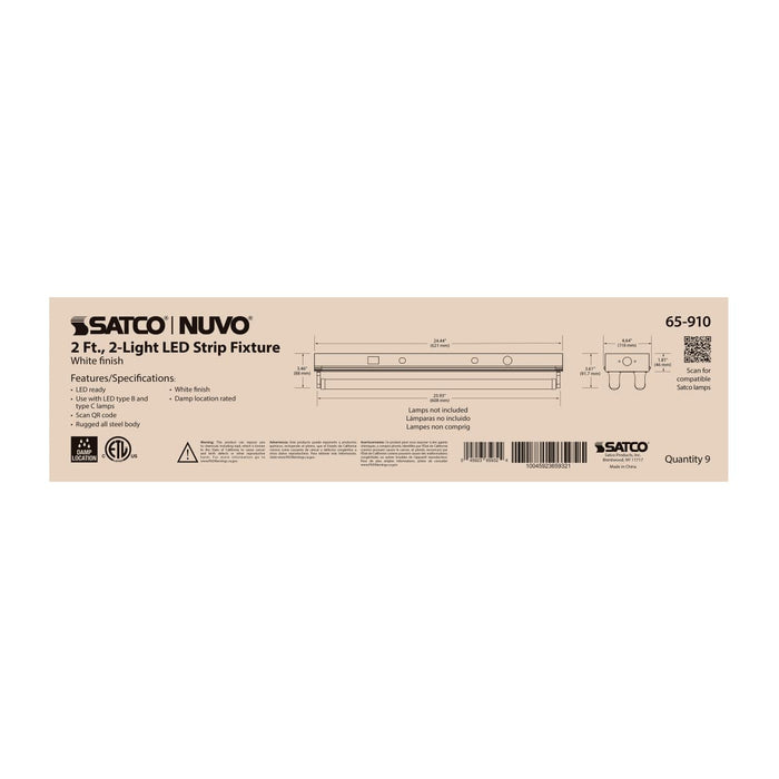 Strip Light Nuvo 65-910 2 Foot - Dual T8 Lamp Ready Fixture Channel - Empty Body Fixture - Complete Lamp Wiring Guide Available - White Finish Nuvo