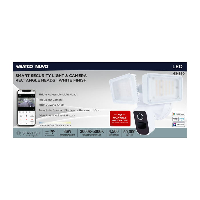 Security Camera Nuvo 65-920 36 Watt Rectangular Outdoor SMART Security Light with Camera - Starfish Enabled - Tunable White - White Finish Nuvo