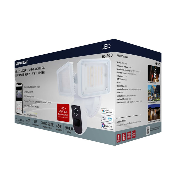 Security Camera Nuvo 65-920 36 Watt Rectangular Outdoor SMART Security Light with Camera - Starfish Enabled - Tunable White - White Finish Nuvo