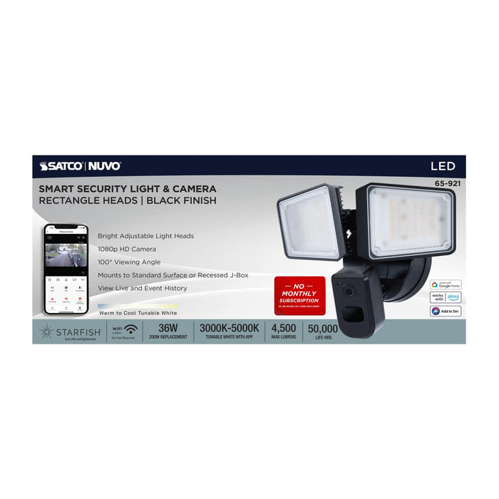Security Camera Nuvo 65-921 36 Watt Rectangular Outdoor SMART Security Light with Camera - Starfish Enabled - Tunable White - Black Finish Nuvo