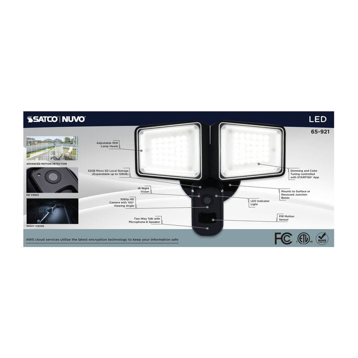 Security Camera Nuvo 65-921 36 Watt Rectangular Outdoor SMART Security Light with Camera - Starfish Enabled - Tunable White - Black Finish Nuvo