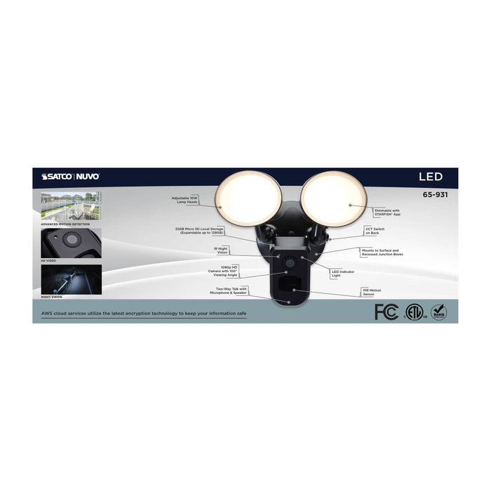 Security Camera Nuvo 65-931 20 Watt Bullet Outdoor SMART Security Light with Camera - Starfish Enabled - 3K/4K/5K CCT Selectable - Black Finish Nuvo