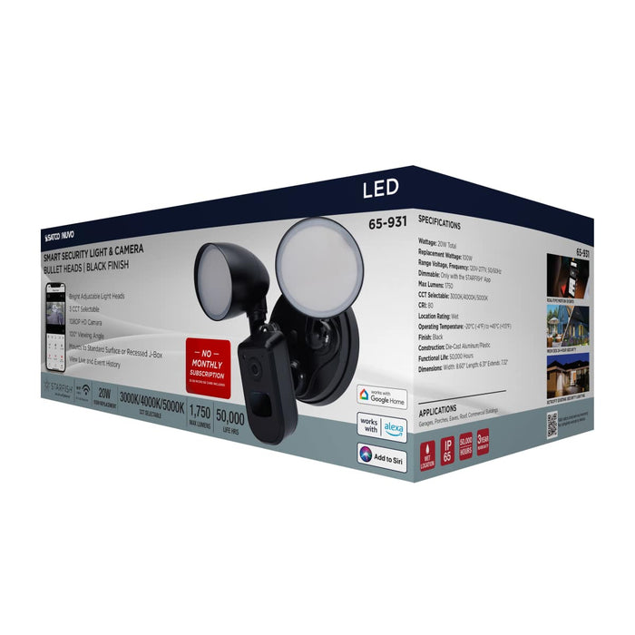 Security Camera Nuvo 65-931 20 Watt Bullet Outdoor SMART Security Light with Camera - Starfish Enabled - 3K/4K/5K CCT Selectable - Black Finish Nuvo