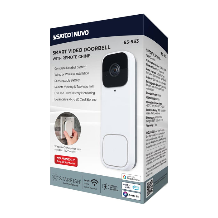 Security Camera Nuvo 65-933 Starfish - Smart Doorbell Security Camera Wired - White Doorbell With White Chime - White Finish Nuvo