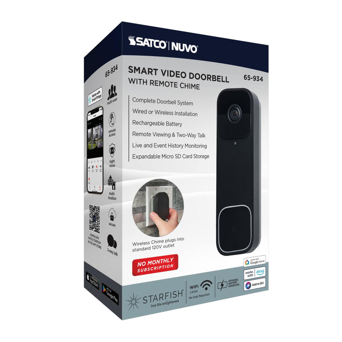 Security Camera Nuvo 65-934 Starfish - Smart Doorbell Security Camera Wired - Black Doorbell With Black Chime Nuvo
