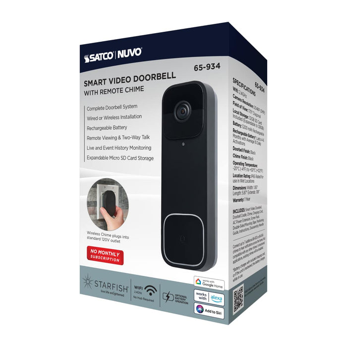 Security Camera Nuvo 65-934 Starfish - Smart Doorbell Security Camera Wired - Black Doorbell With Black Chime Nuvo