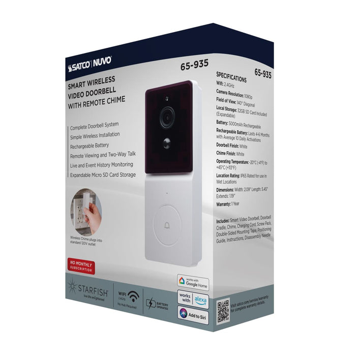 Security Camera Nuvo 65-935 Starfish - SMART Doorbell Security Camera - White Doorbell with White Chime - White Finish Nuvo