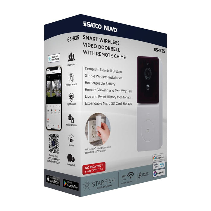 Security Camera Nuvo 65-935 Starfish - SMART Doorbell Security Camera - White Doorbell with White Chime - White Finish Nuvo