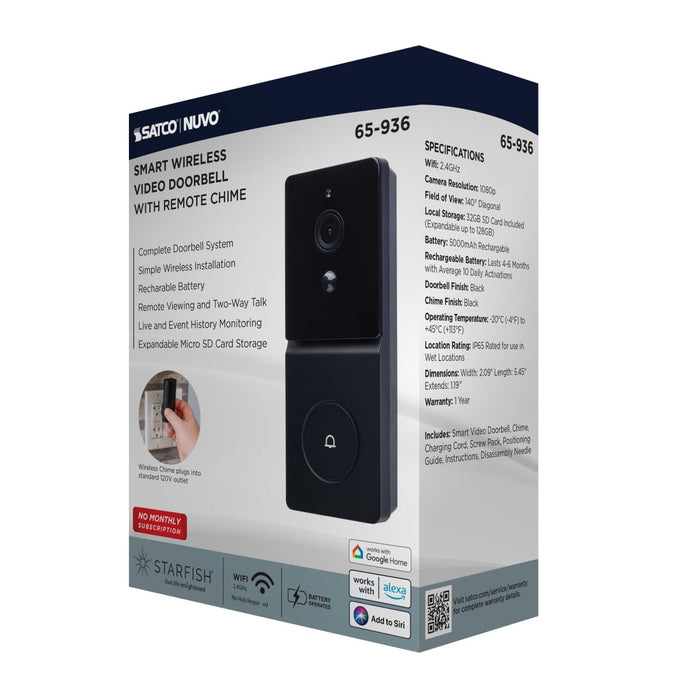 Security Camera Nuvo 65-936 Starfish - SMART Doorbell Security Camera - Black Finish Nuvo