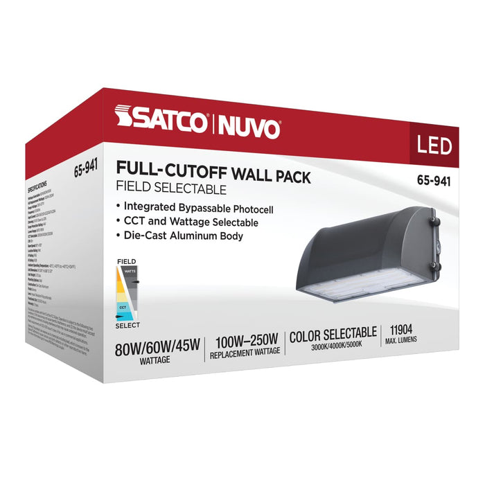 Wall Pack Nuvo 65-941 45/60/80 Watt - 3K/4K/5K CCT Selectable LED Full Cutoff Wall Pack - 120-277 Volt - Bronze Finish Nuvo