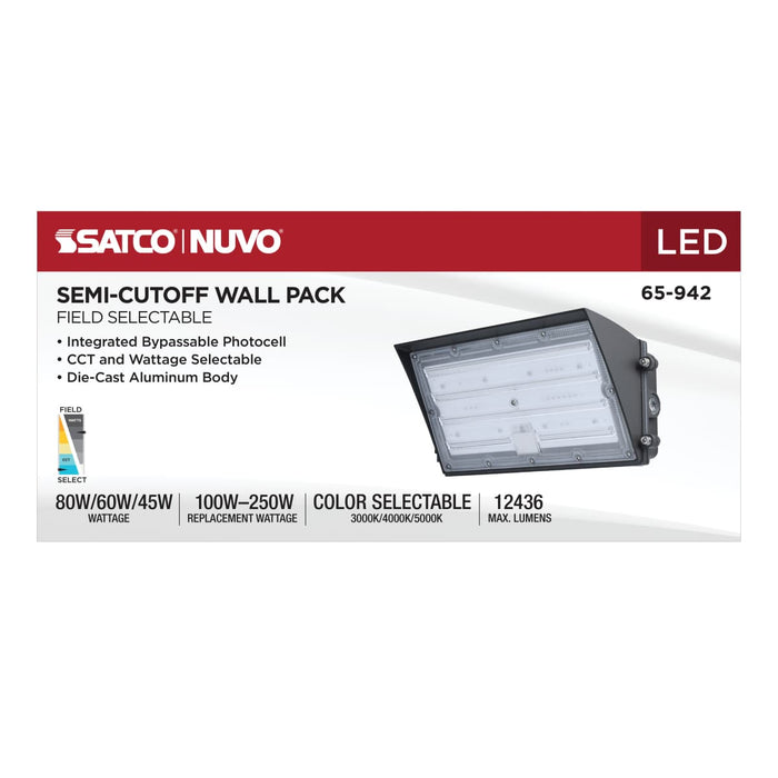 Wall Pack Nuvo 65-942 45/60/80 Watt - 3K/4K/5K CCT Selectable LED Semi Cutoff Wall Pack - 120-277 Volt - Bronze Finish Nuvo