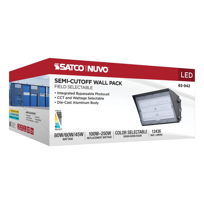 Wall Pack Nuvo 65-942 45/60/80 Watt - 3K/4K/5K CCT Selectable LED Semi Cutoff Wall Pack - 120-277 Volt - Bronze Finish Nuvo