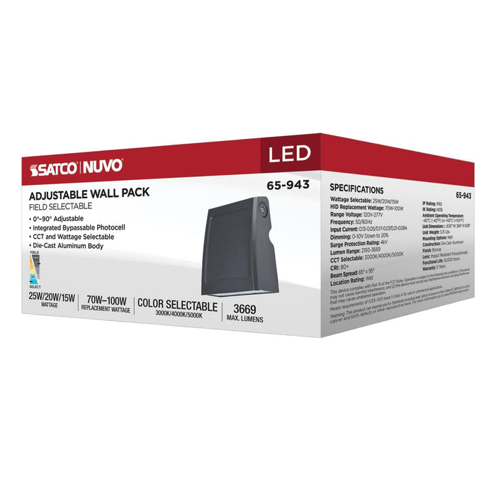 Wall Pack Nuvo 65-943 15/20/25 Watt - 3K/4K/5K CCT Selectable LED Small Adjustable Wall Pack - 120-277 Volt - Bronze Finish Nuvo