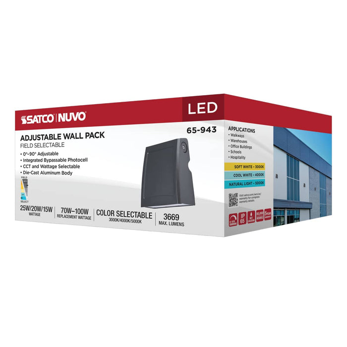 Wall Pack Nuvo 65-943 15/20/25 Watt - 3K/4K/5K CCT Selectable LED Small Adjustable Wall Pack - 120-277 Volt - Bronze Finish Nuvo