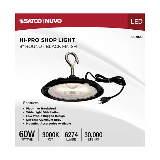 Shop Light Nuvo 65-960 60 Watt - Hi-Pro Shop Light with Plug - 8'' Dia. - 3000K - Black Finish - 120 Volt Nuvo