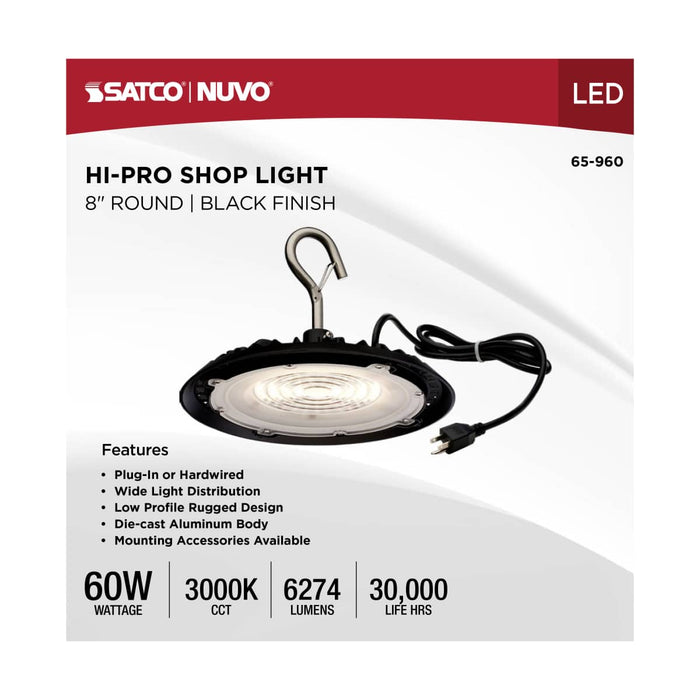 Shop Light Nuvo 65-960 60 Watt - Hi-Pro Shop Light with Plug - 8'' Dia. - 3000K - Black Finish - 120 Volt Nuvo