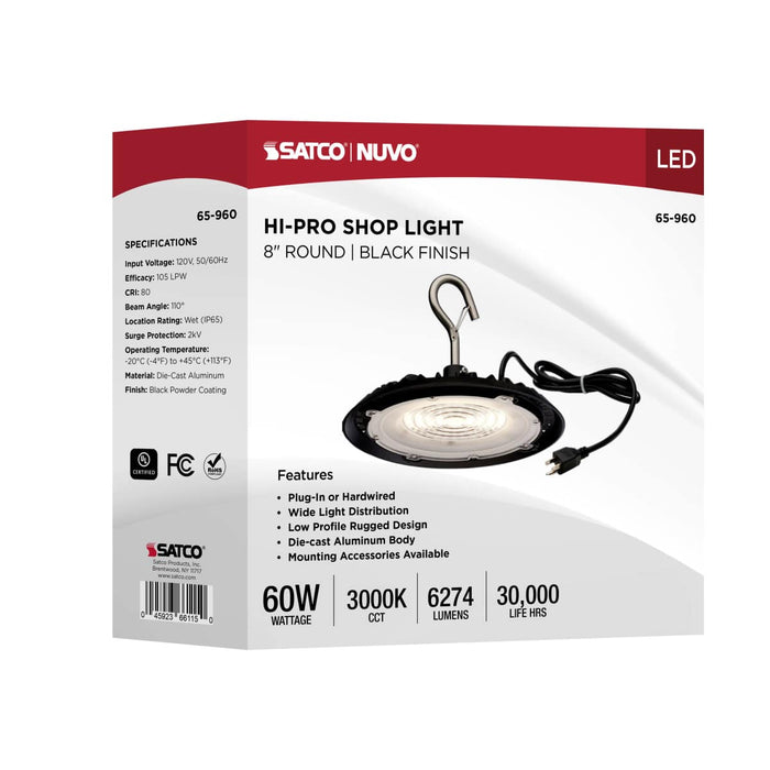 Shop Light Nuvo 65-960 60 Watt - Hi-Pro Shop Light with Plug - 8'' Dia. - 3000K - Black Finish - 120 Volt Nuvo
