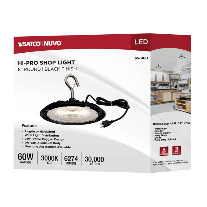 Shop Light Nuvo 65-960 60 Watt - Hi-Pro Shop Light with Plug - 8'' Dia. - 3000K - Black Finish - 120 Volt Nuvo
