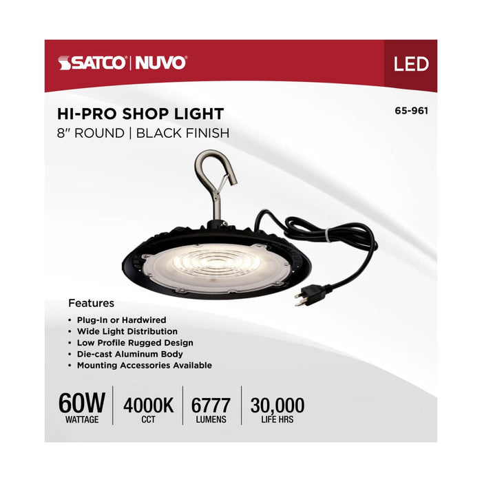 Shop Light Nuvo 65-961 60 Watt - Hi-Pro Shop Light with Plug - 8" Dia. - 4000K - Black Finish - 120 Volt Nuvo