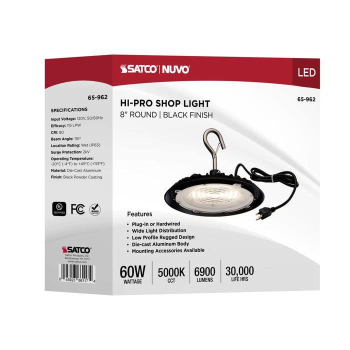 Shop Light Nuvo 65-962 60 Watt - Hi-Pro Shop Light with Plug - 8" Dia. - 5000K - Black Finish - 120 Volt Nuvo