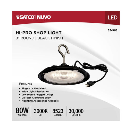 Shop Light Nuvo 65-963 80 Watt - Hi-Pro Shop Light with Plug - 8" Dia. - 3000K - Black Finish - 120 Volt Nuvo