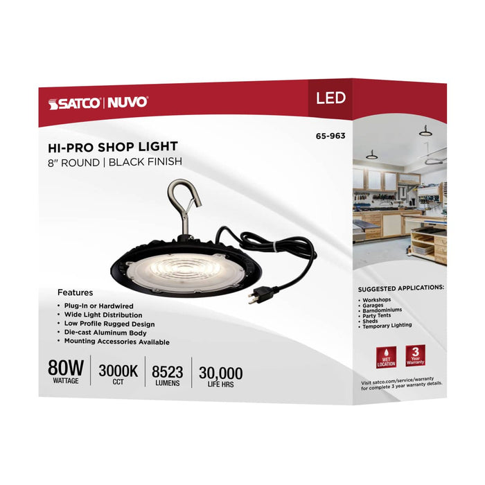 Shop Light Nuvo 65-963 80 Watt - Hi-Pro Shop Light with Plug - 8" Dia. - 3000K - Black Finish - 120 Volt Nuvo