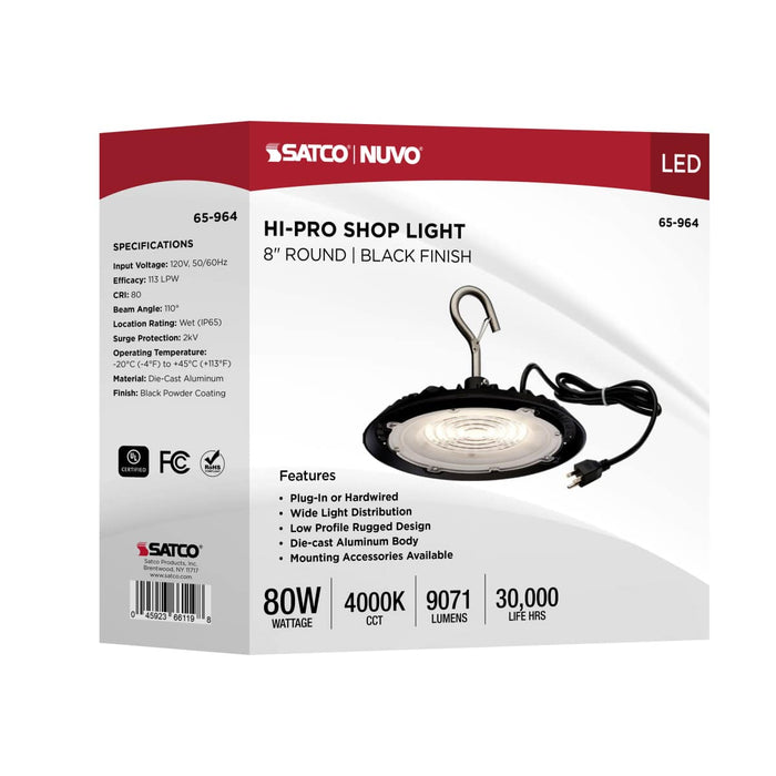 Shop Light Nuvo 65-964 80 Watt - Hi-Pro Shop Light with Plug - 8" Dia. - 4000K - Black Finish - 120 Volt Nuvo