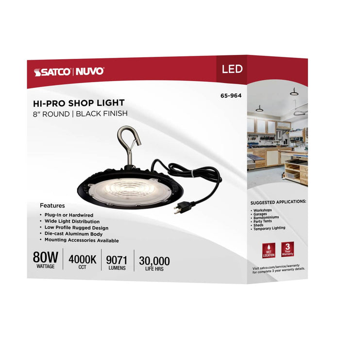 Shop Light Nuvo 65-964 80 Watt - Hi-Pro Shop Light with Plug - 8" Dia. - 4000K - Black Finish - 120 Volt Nuvo