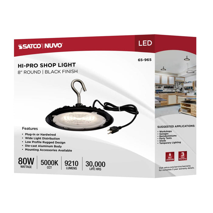 Shop Light Nuvo 65-965 80 Watt - Hi-Pro Shop Light with Plug - 8" Dia. - 5000K - Black Finish - 120 Volt Nuvo