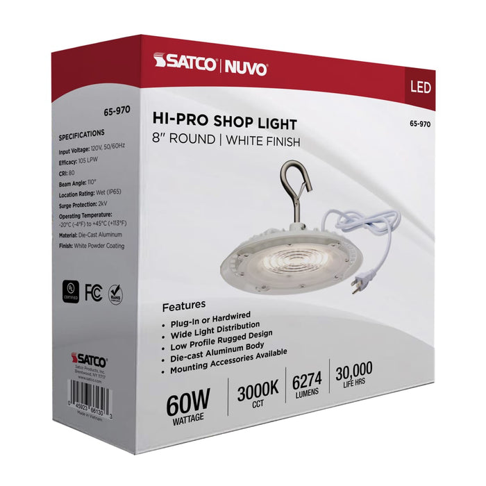 Shop Light Nuvo 65-970 60 Watt - Hi-Pro Shop Light with Plug - 8" Dia. - 3000K - White Finish - 120 Volt Nuvo