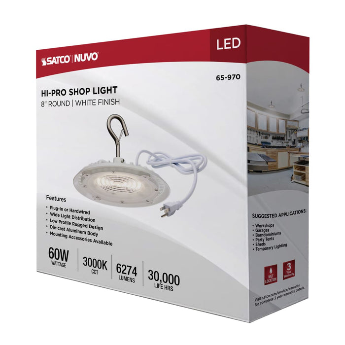 Shop Light Nuvo 65-970 60 Watt - Hi-Pro Shop Light with Plug - 8" Dia. - 3000K - White Finish - 120 Volt Nuvo