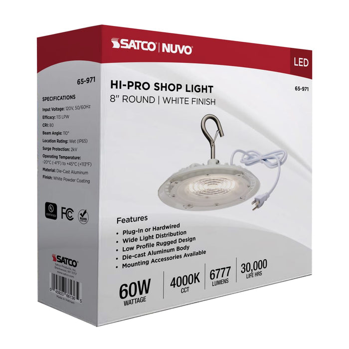 Shop Light Nuvo 65-971 60 Watt - Hi-Pro Shop Light with Plug - 8" Dia. - 4000K - White Finish - 120 Volt Nuvo