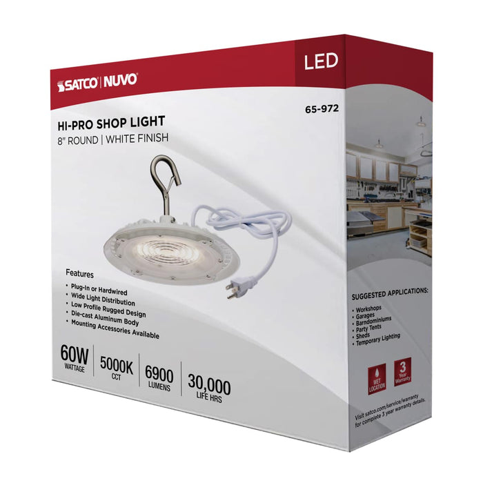 Shop Light Nuvo 65-972 60 Watt - Hi-Pro Shop Light with Plug - 8" Dia. - 5000K - White Finish - 120 Volt Nuvo