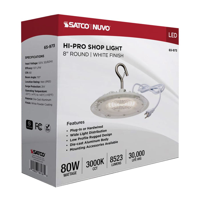 Shop Light Nuvo 65-973 80 Watt - Hi-Pro Shop Light with Plug - 8" Dia. - 3000K - White Finish - 120 Volt Nuvo