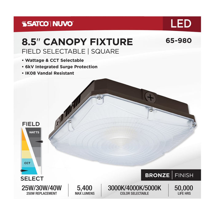Canopy Nuvo 65-980 8.5 Inch LED Field Selectable Canopy Fixture - 25/30/40 Watts - 3K/4K/5K CCT - Bronze Finish Nuvo