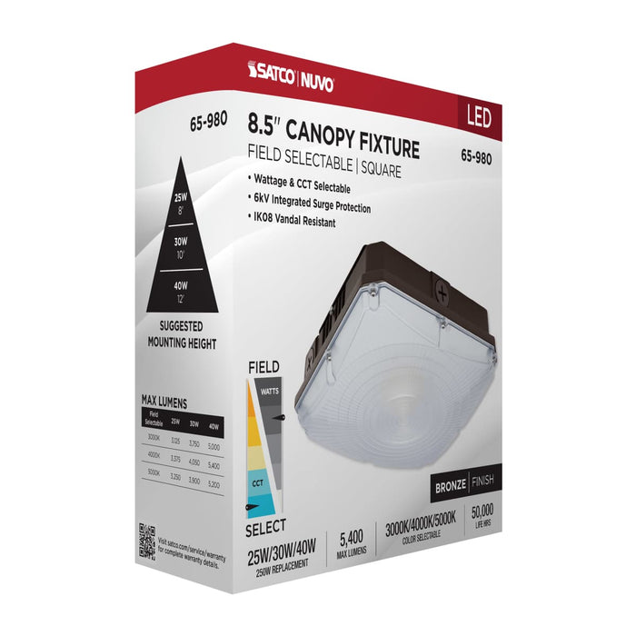 Canopy Nuvo 65-980 8.5 Inch LED Field Selectable Canopy Fixture - 25/30/40 Watts - 3K/4K/5K CCT - Bronze Finish Nuvo