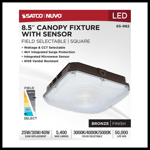 Canopy Nuvo 65-982 8.5 Inch LED Field Selectable Canopy Fixture With Sensor - 25/30/40 Watts - 3K/4K/5K CCT - 120-277 Range Voltage - Bronze Finish Nuvo