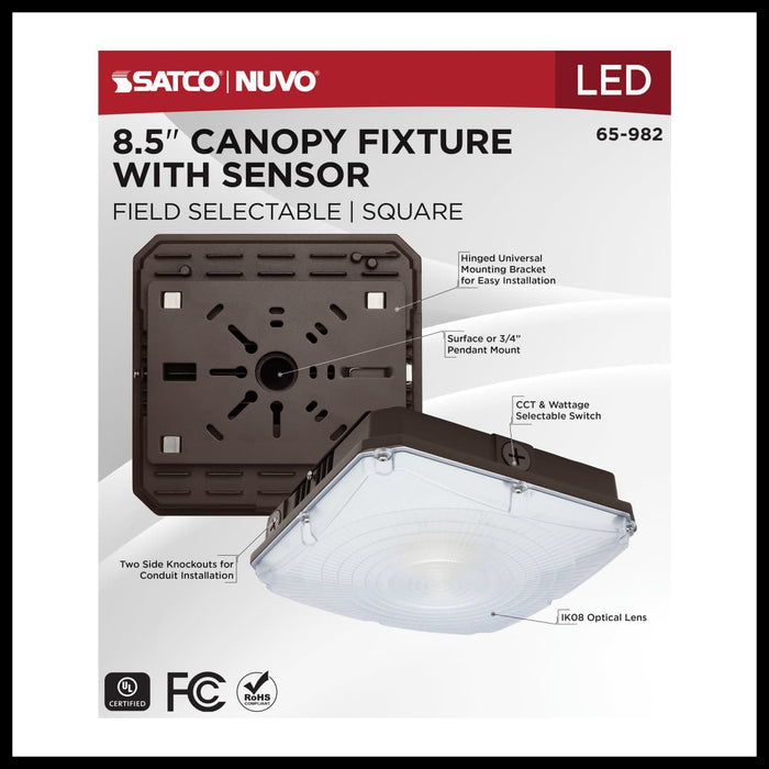 Canopy Nuvo 65-982 8.5 Inch LED Field Selectable Canopy Fixture With Sensor - 25/30/40 Watts - 3K/4K/5K CCT - 120-277 Range Voltage - Bronze Finish Nuvo