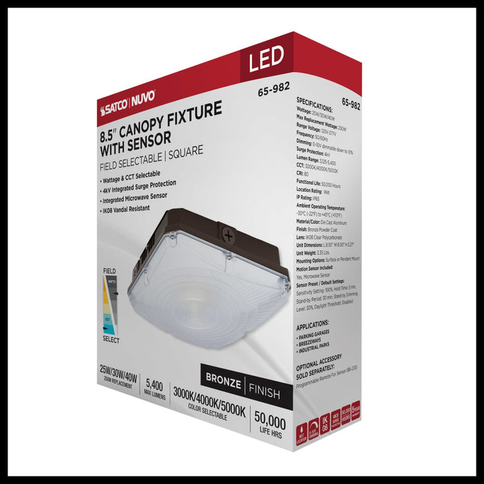 Canopy Nuvo 65-982 8.5 Inch LED Field Selectable Canopy Fixture With Sensor - 25/30/40 Watts - 3K/4K/5K CCT - 120-277 Range Voltage - Bronze Finish Nuvo