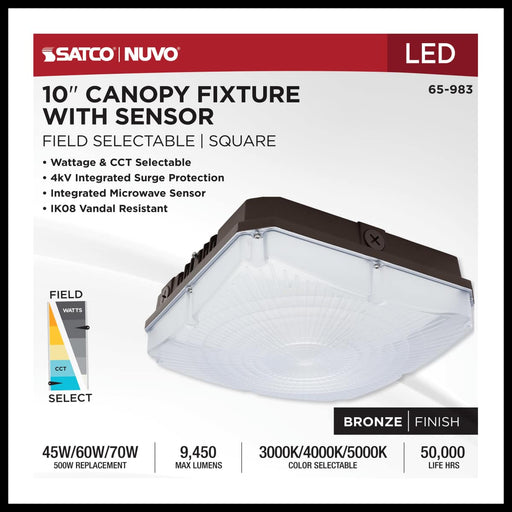 Canopy Nuvo 65-983 10 Inch LED Field Selectable Canopy Fixture With Sensor - 45/60/70 Watts - 3K/4K/5K CCT - 120-277 Range Voltage - Bronze Finish Nuvo