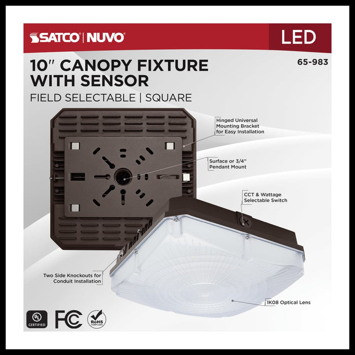 Canopy Nuvo 65-983 10 Inch LED Field Selectable Canopy Fixture With Sensor - 45/60/70 Watts - 3K/4K/5K CCT - 120-277 Range Voltage - Bronze Finish Nuvo
