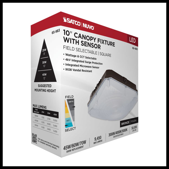 Canopy Nuvo 65-983 10 Inch LED Field Selectable Canopy Fixture With Sensor - 45/60/70 Watts - 3K/4K/5K CCT - 120-277 Range Voltage - Bronze Finish Nuvo
