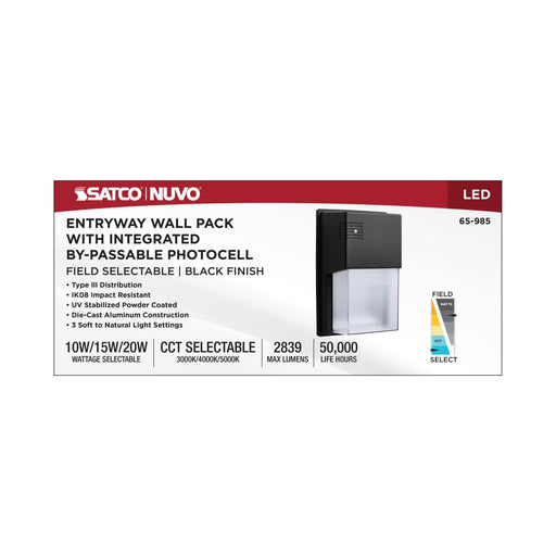 Wall Pack Nuvo 65-985 LED Entryway Wall Pack - 10/15/20 Wattage Selectable - 30K/40K/50K CCT Selectable - Black Finish Nuvo