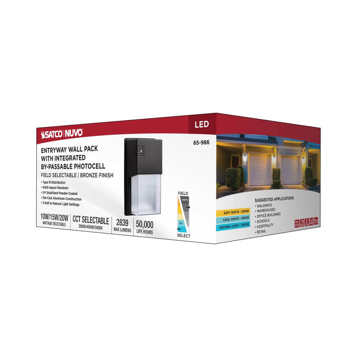 Wall Pack Nuvo 65-986 LED Entryway Wall Pack - 10/15/20 Wattage Selectable - 30K/40K/50K CCT Selectable - Bronze Finish Nuvo