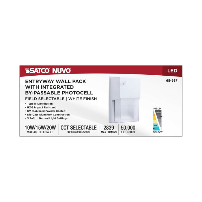 Wall Pack Nuvo 65-987 LED Entryway Wall Pack - 10/15/20 Wattage Selectable - 30K/40K/50K CCT Selectable - White Finish Nuvo