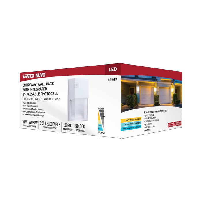 Wall Pack Nuvo 65-987 LED Entryway Wall Pack - 10/15/20 Wattage Selectable - 30K/40K/50K CCT Selectable - White Finish Nuvo