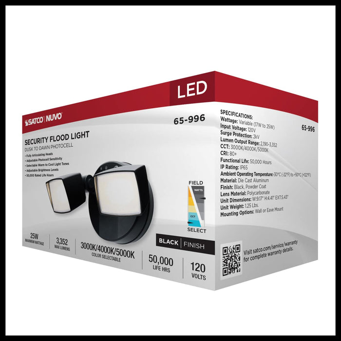 Security Lighting Nuvo 65-996 LED Security Light - Dual Head - Field Selectable - Black Finish Nuvo